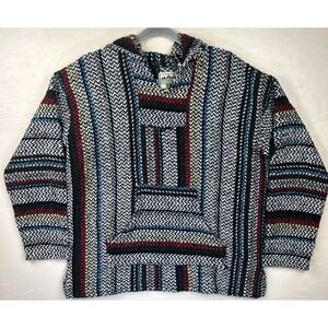 Baja Joe‎ Hoodie Unisex M Red Gray Acrylic Blend  Rug Made Mexico Poncho